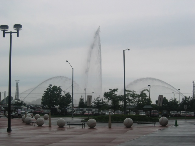 A big fountain across from the stadium